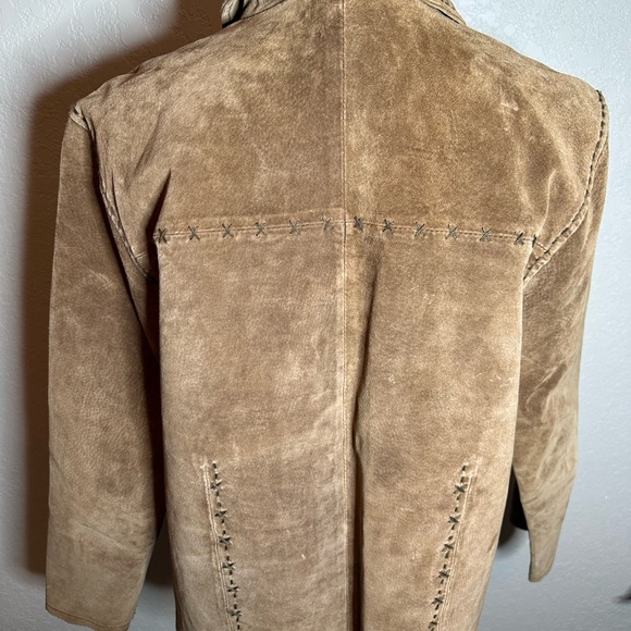 IVY brown leather suede button front cross stitching women’s coat size medium - Picture 3 of 6
